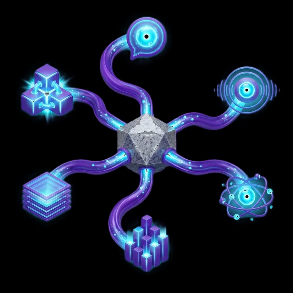 A granite GraniteMind core connected to AI capabilities — assistants, voice, agents, insights, documents and integrations